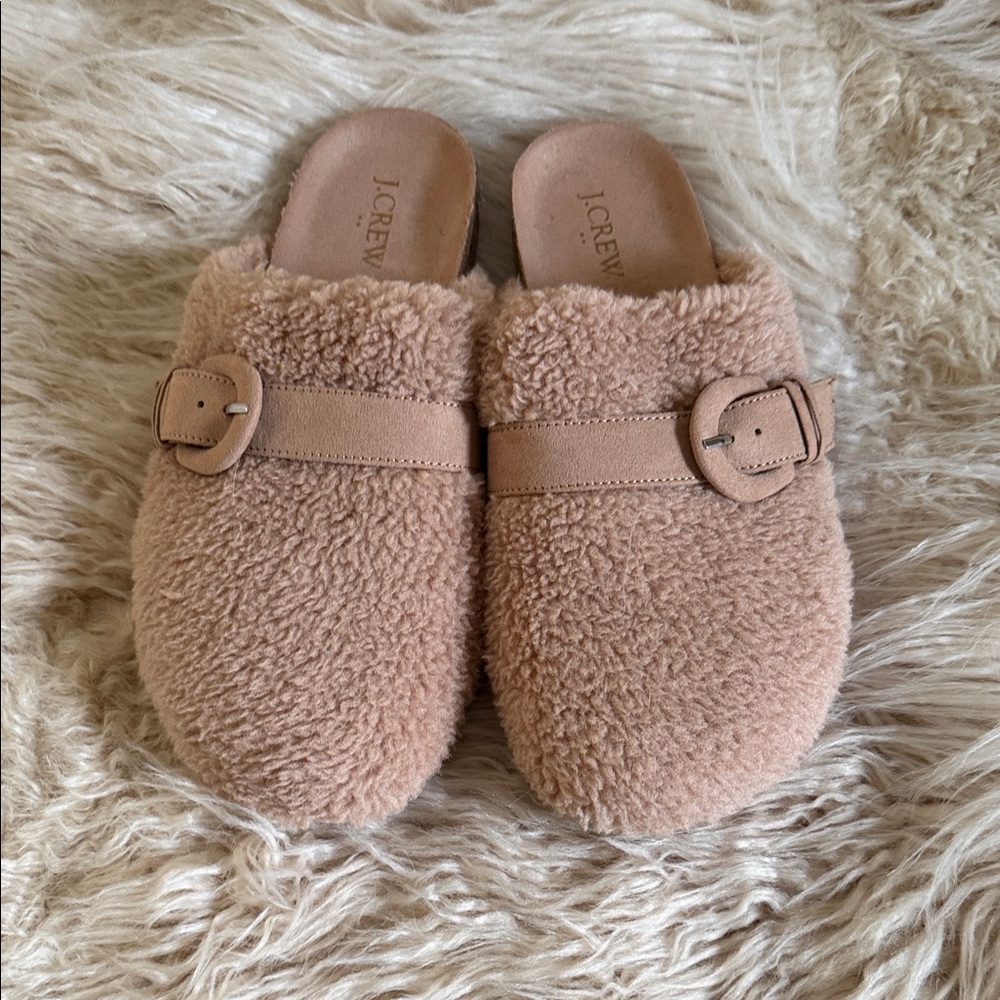 J. Crew Beige Fuzzy Slippers with Buckle size 9 new